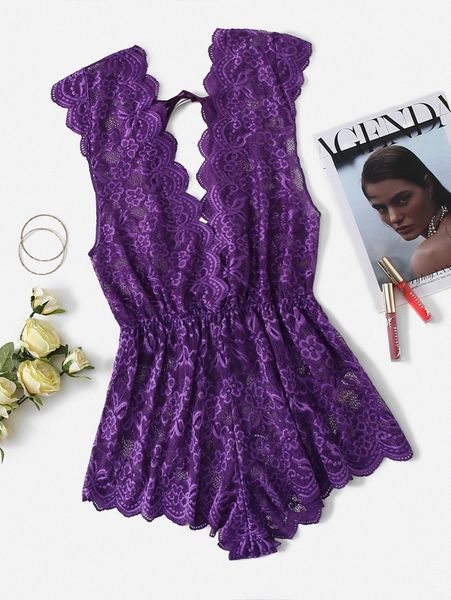 

plus floral lace scallop trim teddy bodysuit n3q5#, Black;white