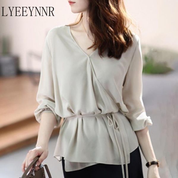 

women's blouses & shirts lyeeynnr japan style blouse women summer v neck long sleeve irregular office ladies unicolor slim waist lace u, White