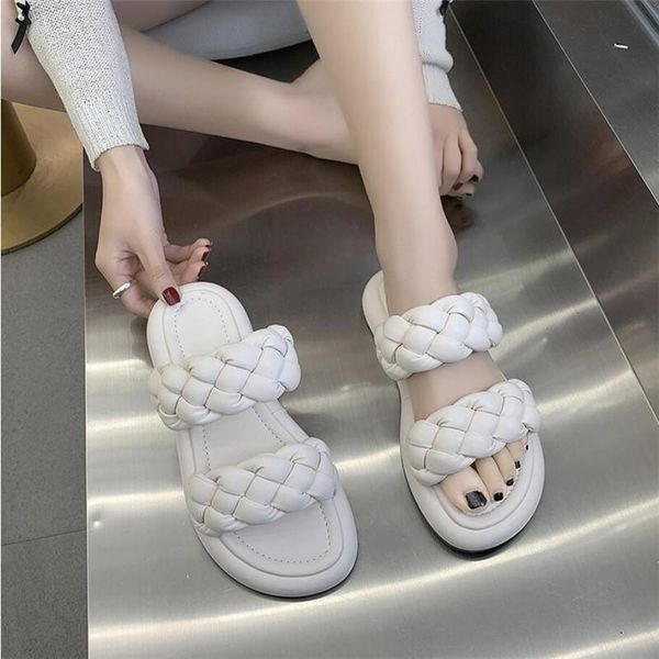 

slippers women's flip flops summer 2021 women brand weave ladies sandal shoes low open toe flat casual slides beach, Black