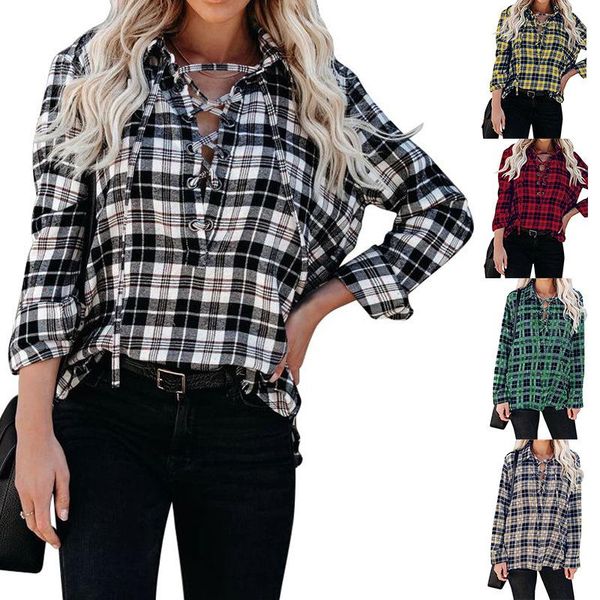 

women's t-shirt lapel half open lace up loose casual plaid shirt, White