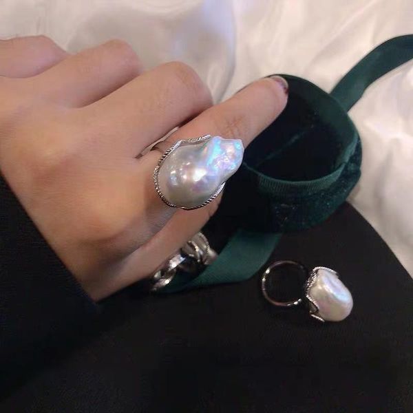 

baroqueonly natural freshwater baroque pearl ring retro style 925 sterling silver irregular shaped square rfc cluster rings, Golden;silver