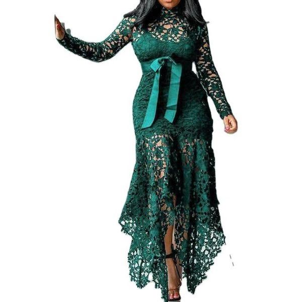 

casual dresses 2021 fashion lace hollow out long sleeve o-neck belt for women solid ankle-length donsigent, Black;gray