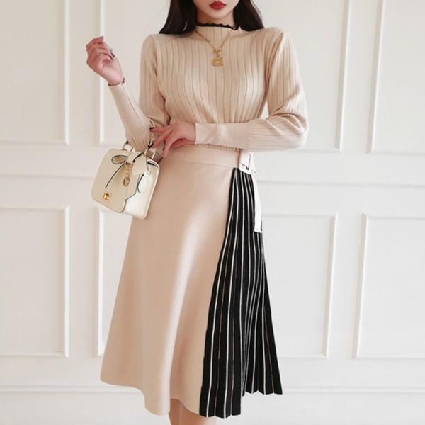 

casual dresses 2021 fall winter vintage women sweater dress elegant long sleeve slim belted female patchwork knitted pleated vestidos, Black;gray