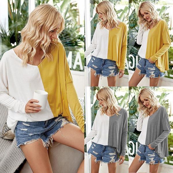 

women's t-shirt 2021 autumn loose ladies stitching t-shirts women casual v-neck long sleeve girls, White