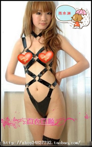 

imitation metal chain suit (pv) lacquered leather garment underwear 0398, Black;white