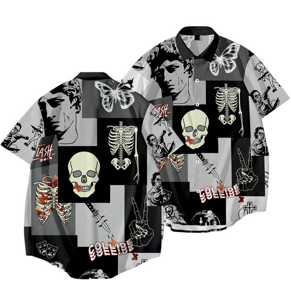 

men's cool skull print shirt 2021 summer fashion breathable casual hawaii short sleeve loose plus size s-6xl trendy shirts, White;black