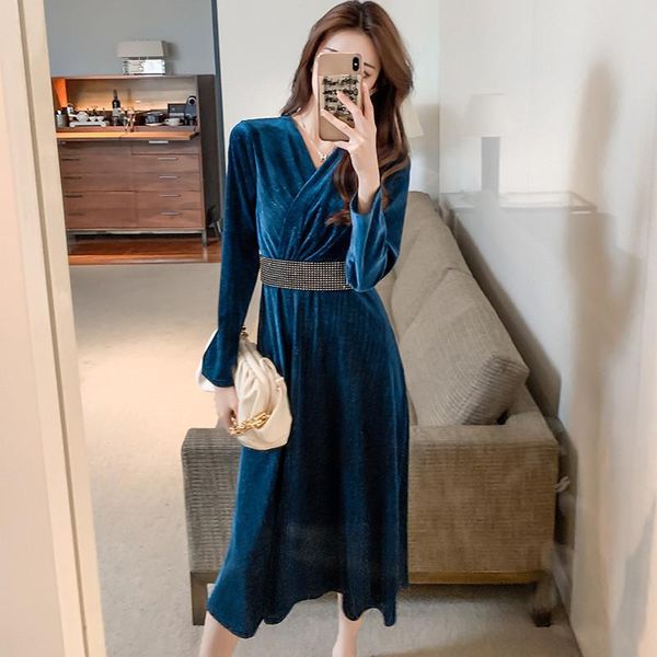 

casual dresses cbafu women's v-neck slim belt velvet for ladies long-sleeve elegant long dress party club anniversary outfits 2021 q003, Black;gray