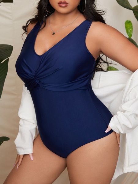 

plus solid twist bust one piece swimsuit j6kj#, Black