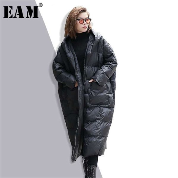 

[eam] winter hooded long sleeve solid color black cotton-padded warm loose big size jacket women parkas fashion jd12101 210927