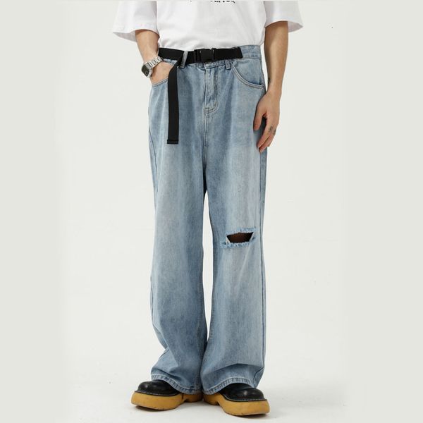 

men's jeans men belt hole fashion casual straight long male japan korean streetwear vintage denim wide leg pants trousers qu4p, Blue