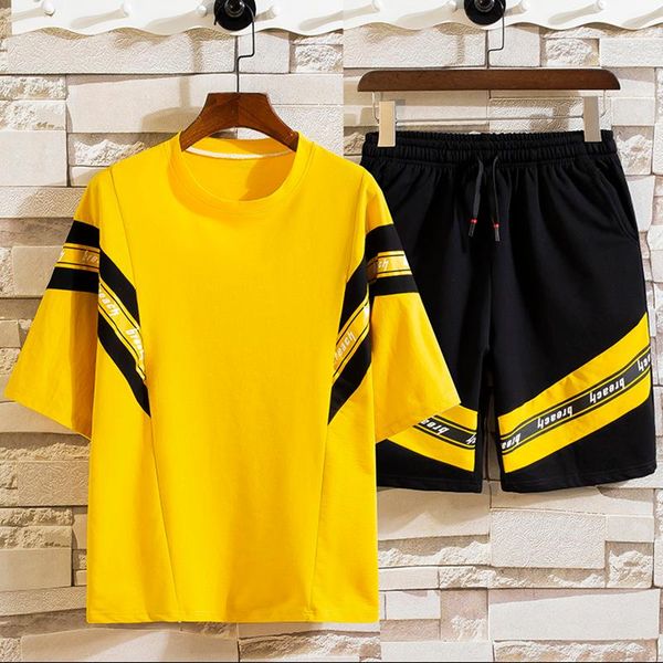 

men's tracksuits 2021 summer men cotton casual suit concise printed junior sports clothes o-neck t-shirt& elastic waist shorts, Gray