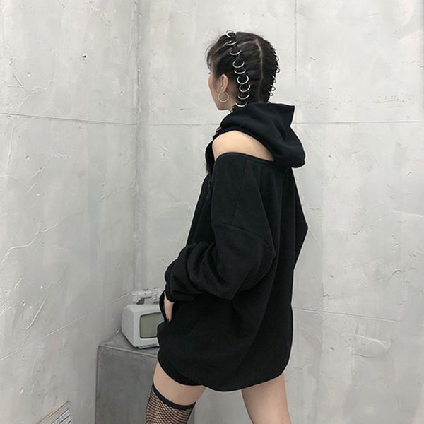 

hoodie streetwear off shoulder sweatshirt for women hooded collar long sleeve casual black sweatshirts female fashion