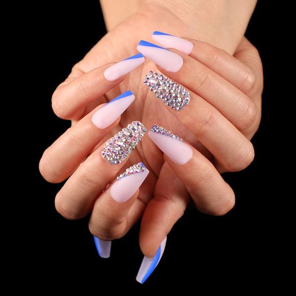 

false nails 24pcs ballet blue french manicure handmade rhinestone diy crystal nail tips with glue ti, Red;gold