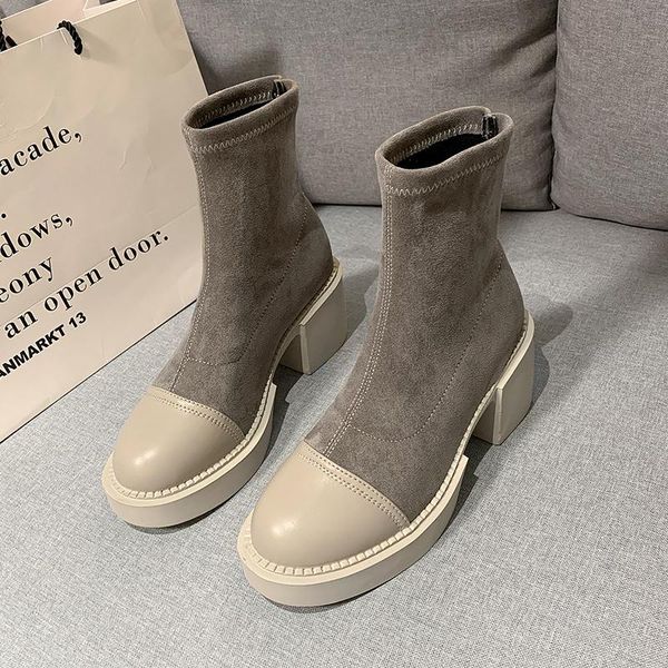 

boots women ankle sock 2021 autumn winter platform gothic shoes fashion chunky heels soft suede black