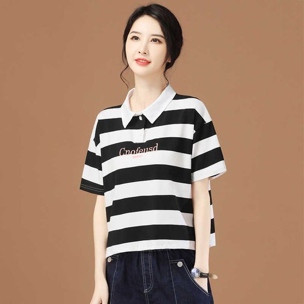 

han chaoxi polo collar embroidery stripe short sleeve t-shirt women's 2021 new fashion loose t-shirt kn563, White