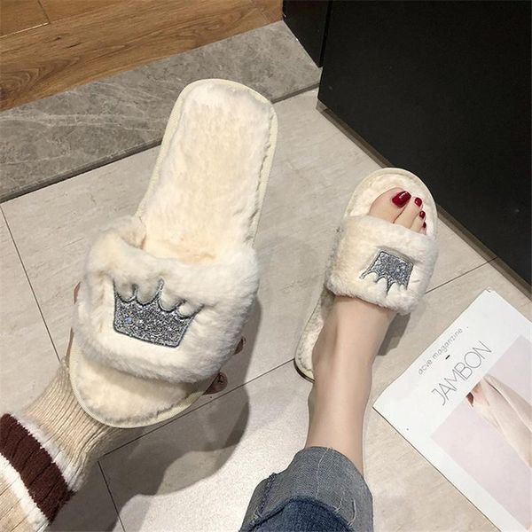 

slippers enplei woman winter fur shoes big size home slipper plush women indoor warm fluffy cotton 36-41, Black