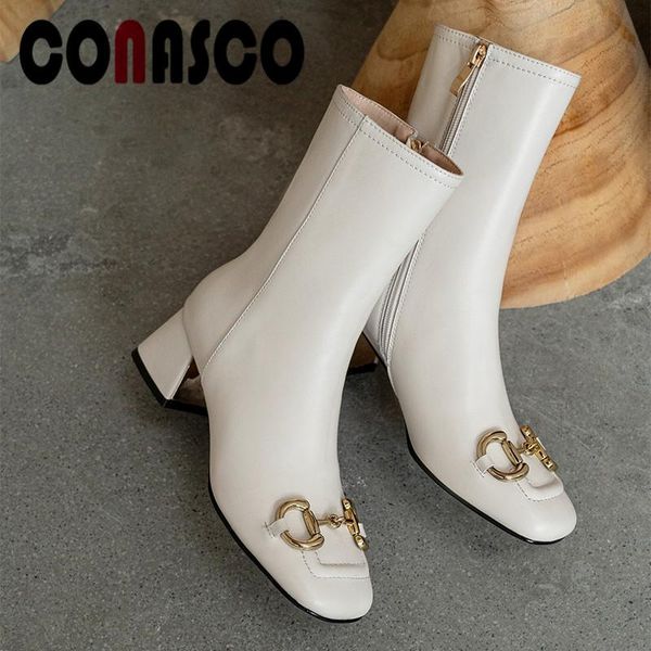 

boots conasco 2021 women short autumn winter warm cow leather elegant fashion shoes woman brand design, Black