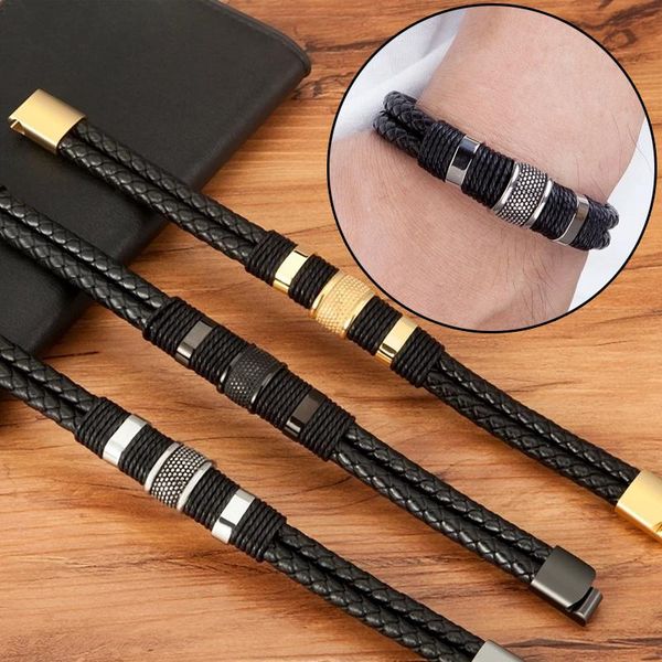 

charm bracelets punk multilayer braid pu leather bracelet titanium stainless steel magnetic buck men homme pulseras jewelry accessories, Golden;silver