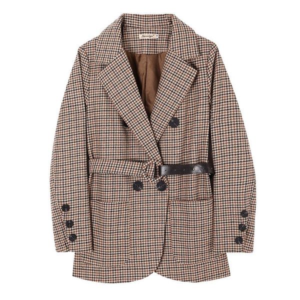 

women's suits & blazers 2021 women loose autumn winter vintage plaid blazer jackets female elegant coat chic casual outerwear sashes wb, White;black