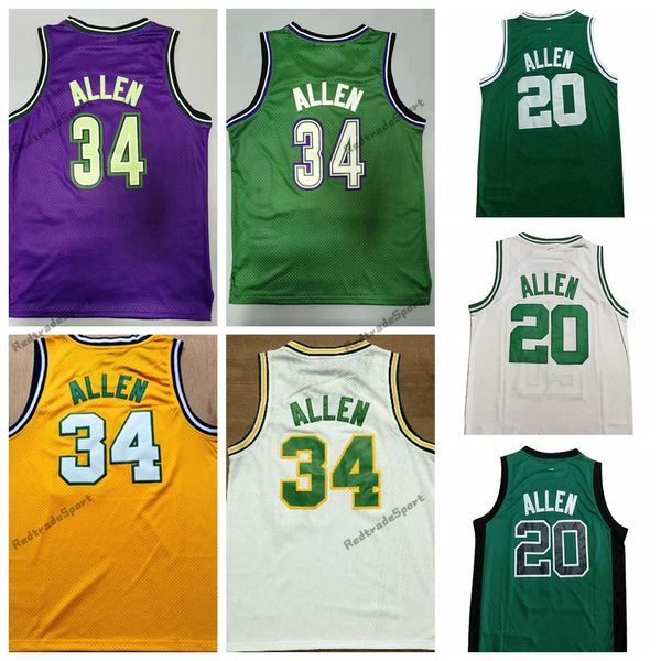 Vintage 1996-97 Ray Allen camisas de basquete masculino roxo verde # 34 # 20 branco costurado S-XXL malha de alta qualidade