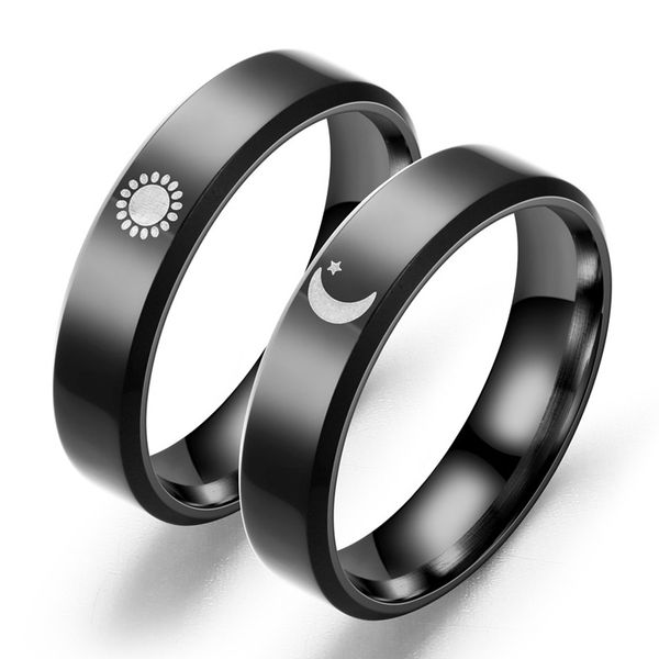 Moon Sun Couple Rings for Lover's Black Stainless Steel Women Men Wedding Ring Regali di San Valentino