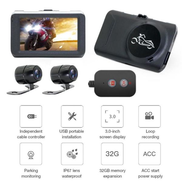 

3.0 hd motorcycle driving recorder 1080p dual lens front rear motorbike night vision dashcam waterproof camera car dvr dvrs