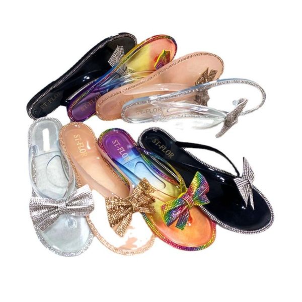 

slippers summer style flip flops women, colorful diamond bow flat, Black