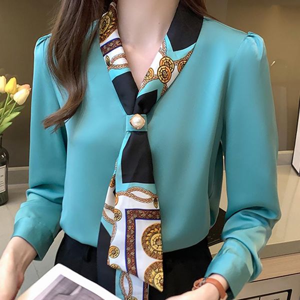 

women's blouses & shirts autumn long sleeve blouse women bow v-neck print chiffon shirt blusas mujer de moda 2021 e710, White