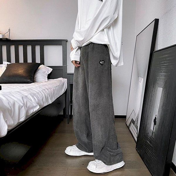 

men's pants autumn winter waffle wide-leg men corduroy chic hong kong vintage thickened straight casual trousers male bottom, Black