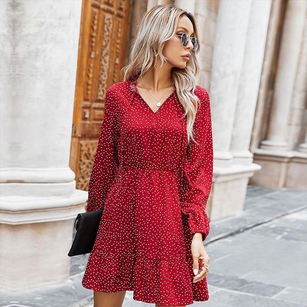 

spring autumn polka dot print women dress casual lace up v neck full sleeve slim short, Black;gray