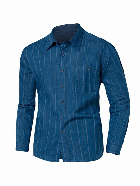 

men striped print button front denim shirt q5k5#, Blue