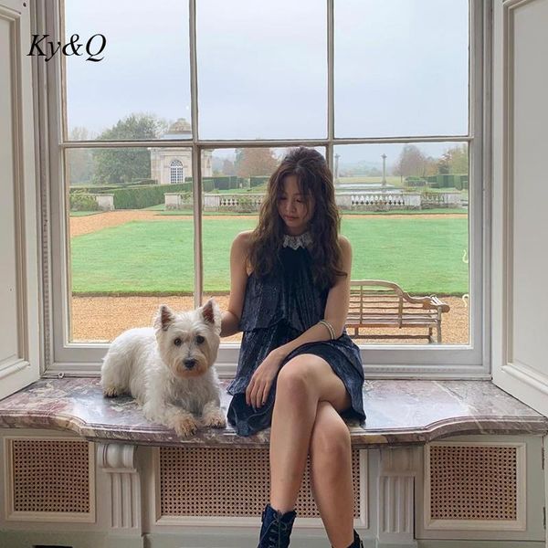 

casual dresses 2021 design blue suspender cake dress women's french velvet lace halter summer fashion temperamental, Black;gray