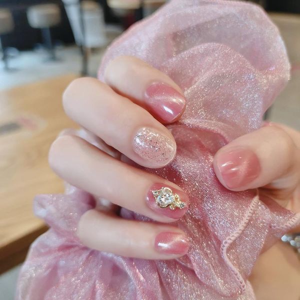 

false nails 24pcs rhinestone inlaid nail patch glue type removable short paragraph fashion manicure save time, Red;gold