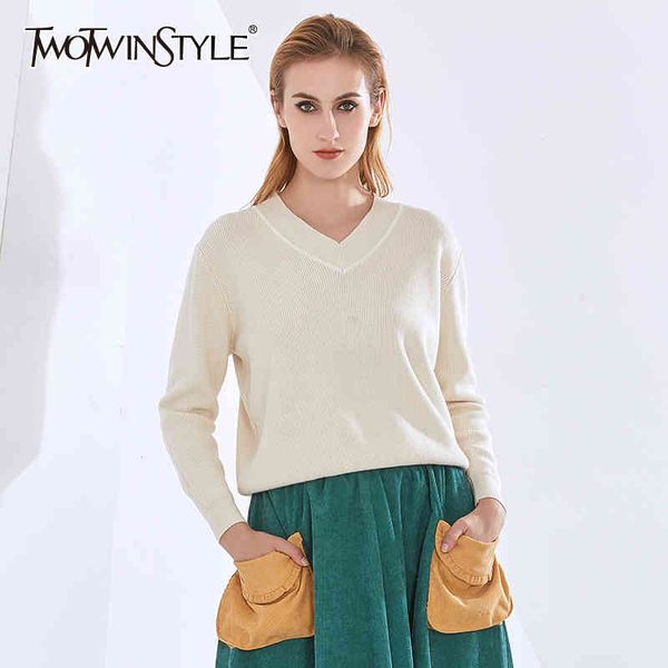

twotwinstyle solid basic sweater for women v neck long sleeve minimalist casual knitted female fashion clothing 210517, White;black