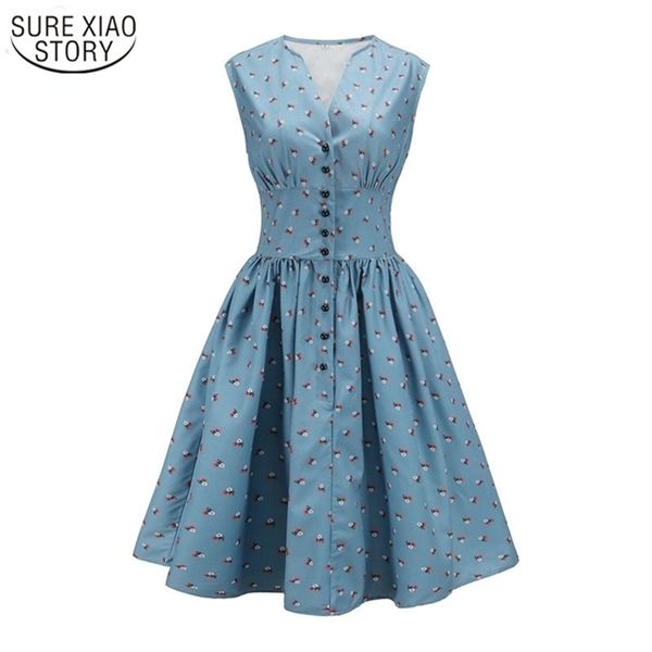 

summer printed v-neck women sleeveless dress women's button high waist vintage floral print plus size s-4xl 12856 210506, Black;gray