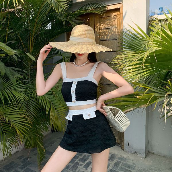 

skirt korean elegant ins french girls split spring swimsuit sweet little fragrance black and white bikini, Black;white