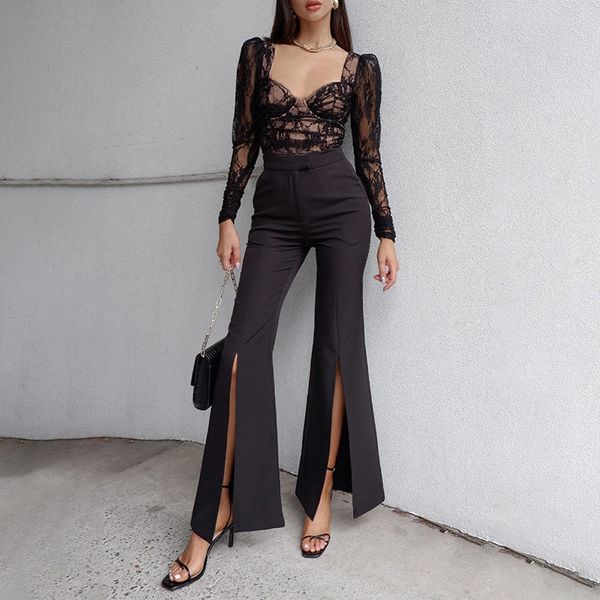 

black lace mesh t shirts for women vintage square neck long sleeve and bloues bustier spring 2021 n83cc13, White