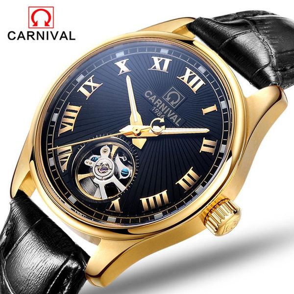 

wristwatches carnival fashion business men hollow automatic mechanical watch waterproof luminous leather strap watches relogio masculino, Slivery;brown