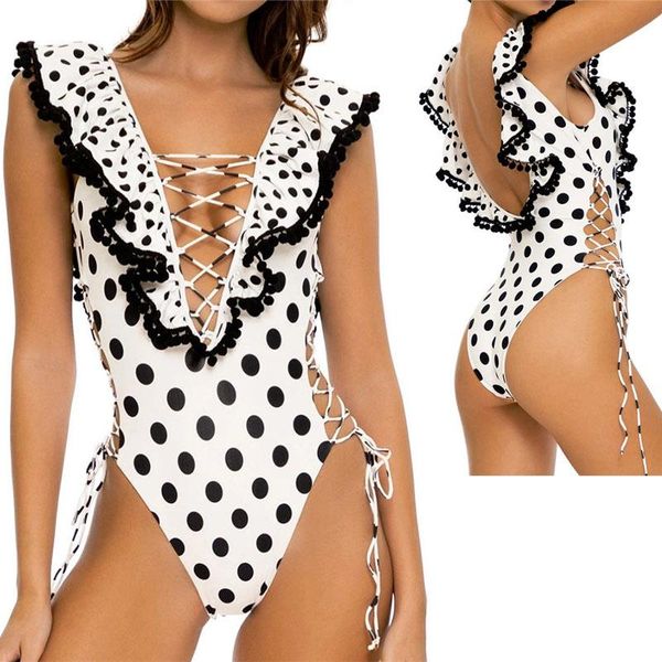 

dot ruffles swimwear women push up swimsuit print bikini set female retro flounce skirts lace beach wear one-piece suits