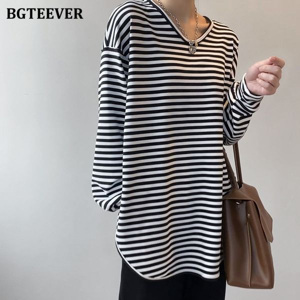 

t shirts new spring summer ladies 2021 casual loose striped t-shirts for women o-neck long sleeve oversized female tees ex7d, White