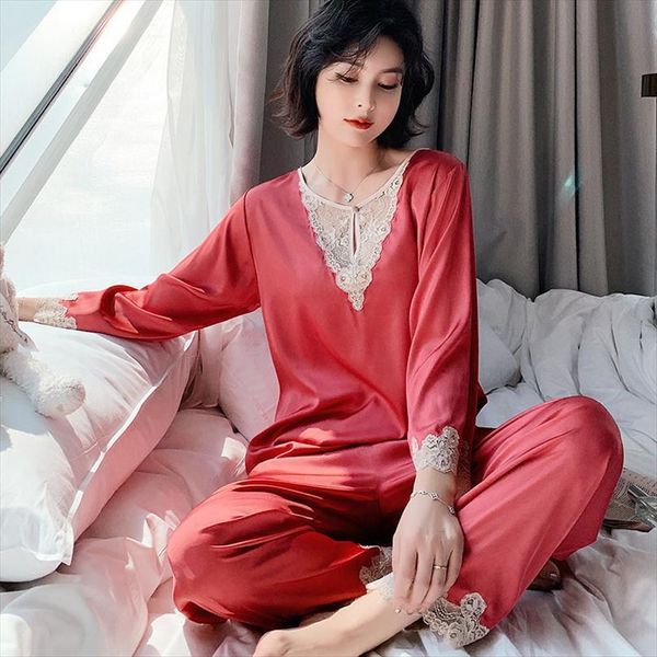 

hollow out lace ice women sleepwear silk pajamas long sleeve trousers, Black;red