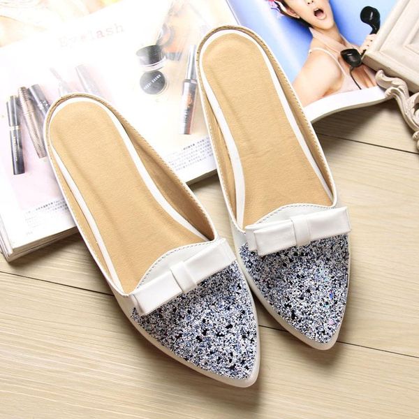 

bling pointed toe slides women bow-knot mules shoes korean design brand slippers woman flat heeled lazy slip on, Black