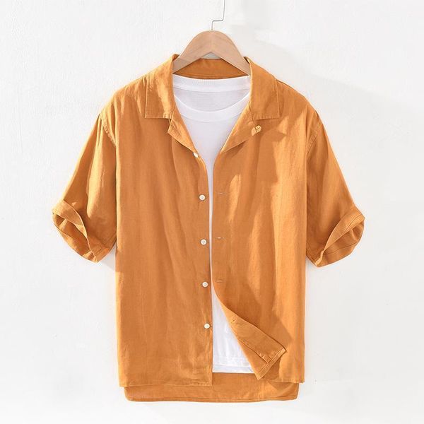 

trend cuban collar linen shirt summer men's thin middle sleeve dress shirts, White;black