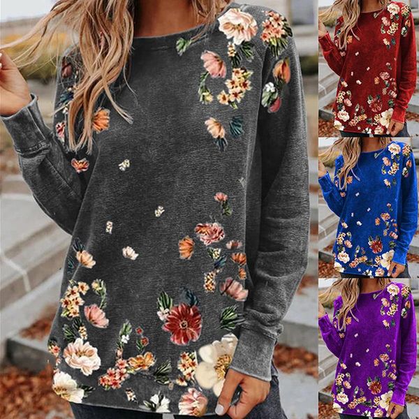 

women's blouses & shirts elegant pullover o neck loose blouse women casual harajuku spring autumn vintage floral print long sleeve blu, White