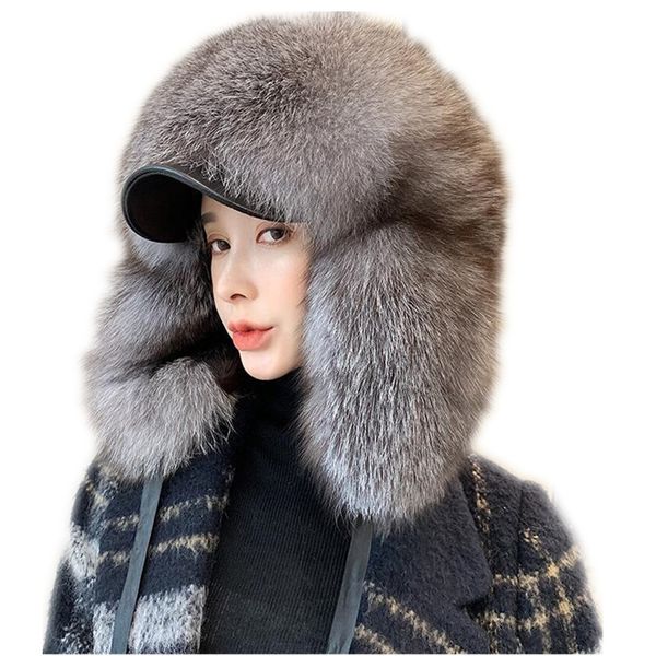 

winter mens 100% genuine silver fox fur bomber hat with earflap raccoon fur ushanka cap trapper luxury russian woman ski cap, Blue;gray