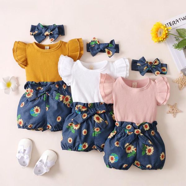 

clothing sets 3pcs baby girl clothes set toddler infant girls romper bodysuit+sunflower print denim shorts headbands outfits 2021, White