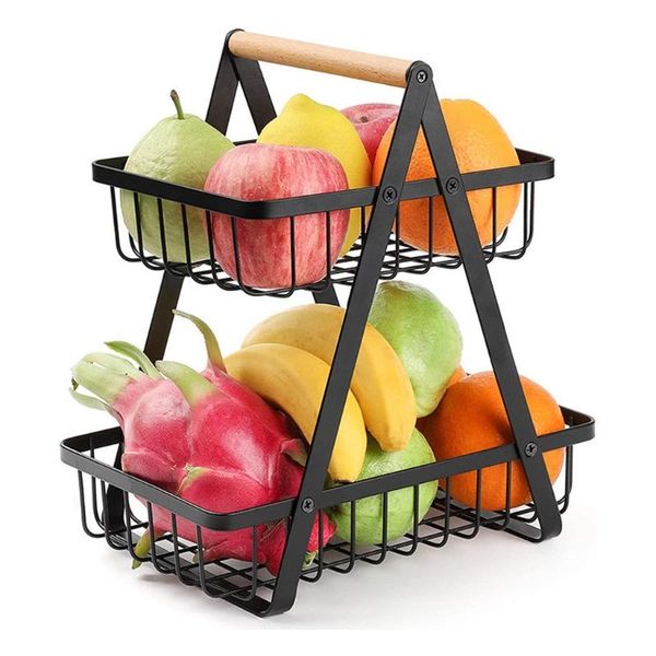 

storage baskets 2-tier metal fruit basket portable kitchen countershelf rack for fruits vegetables household toiletries
