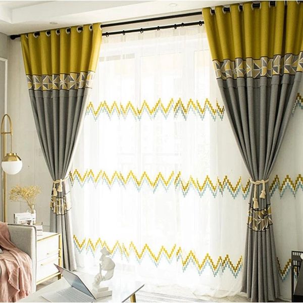 

grey/yellow splice wave embroidered curtain simple nordic style living room bedroom geometric blackout zh063d & drapes
