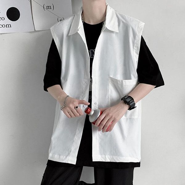 

men's vests summer thin casual workwear vest trend loose sleeveless handsome dark gray/white jacket, Black;white