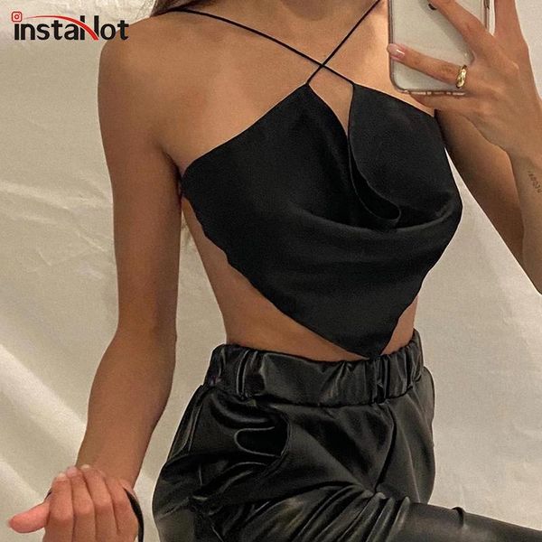 

women's tanks & camis insta backless silk camisole women summer criss-cross bandage asymmetric crop party clubwear female vest 202, White